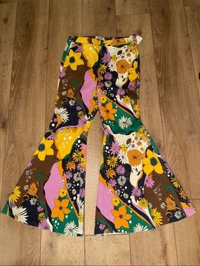 NWT FREE PEOPLE WOMEN’S Floral Retro Bell Bottom Pants - Yellow, Green, Purple